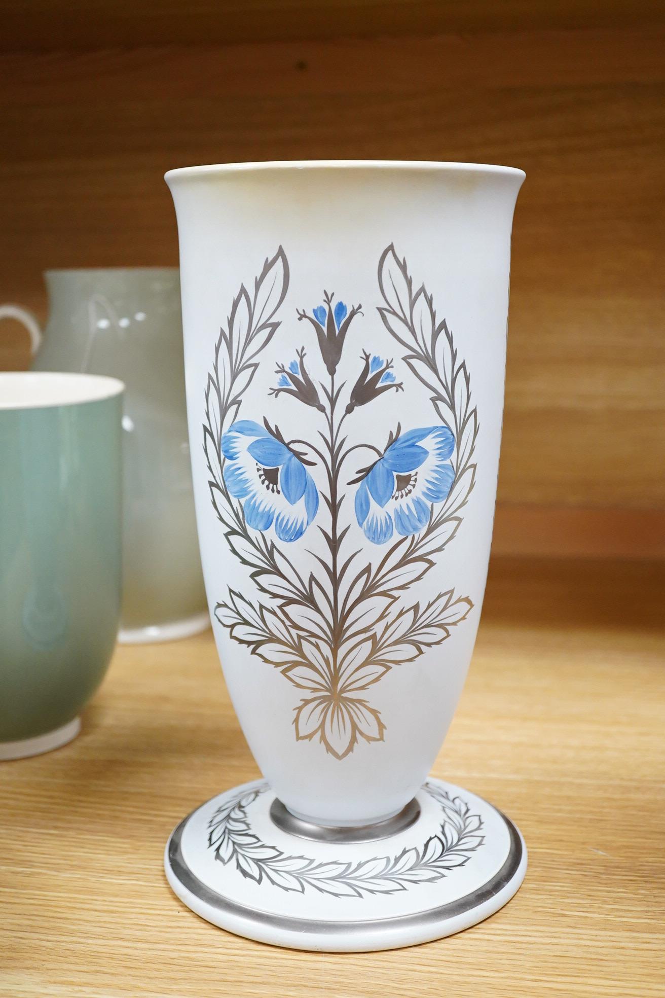 Keith Murray for Wedgwood, a floral vase decorated by Millicent Taplin, stamped to the base, 30cm high